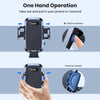 A hand is shown operating a black phone mount with a blue mechanism for one-hand operation.