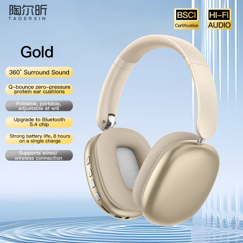 Gold wireless over-ear headphones shown in a studio setting with features listed.