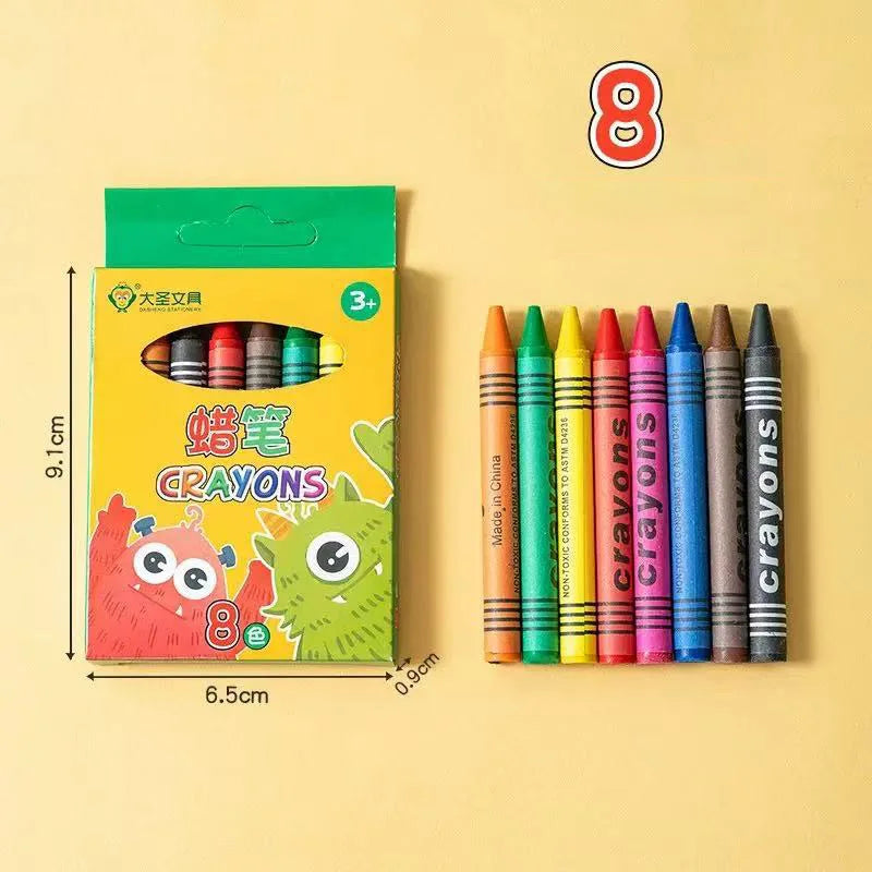 A set of 8 washable non-stain crayons for kids in various colors packaged in a green box.