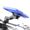 A blue universal motorcycle phone mount with a vibration dampener attached to a silver handlebar.
