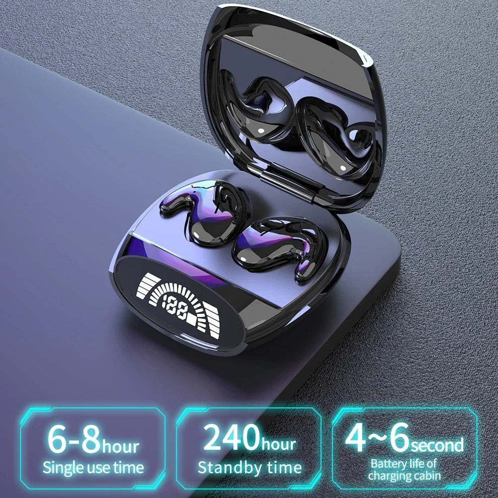 A pair of sleek, silver wireless earbuds are shown open on a dark surface with text indicating usage times.