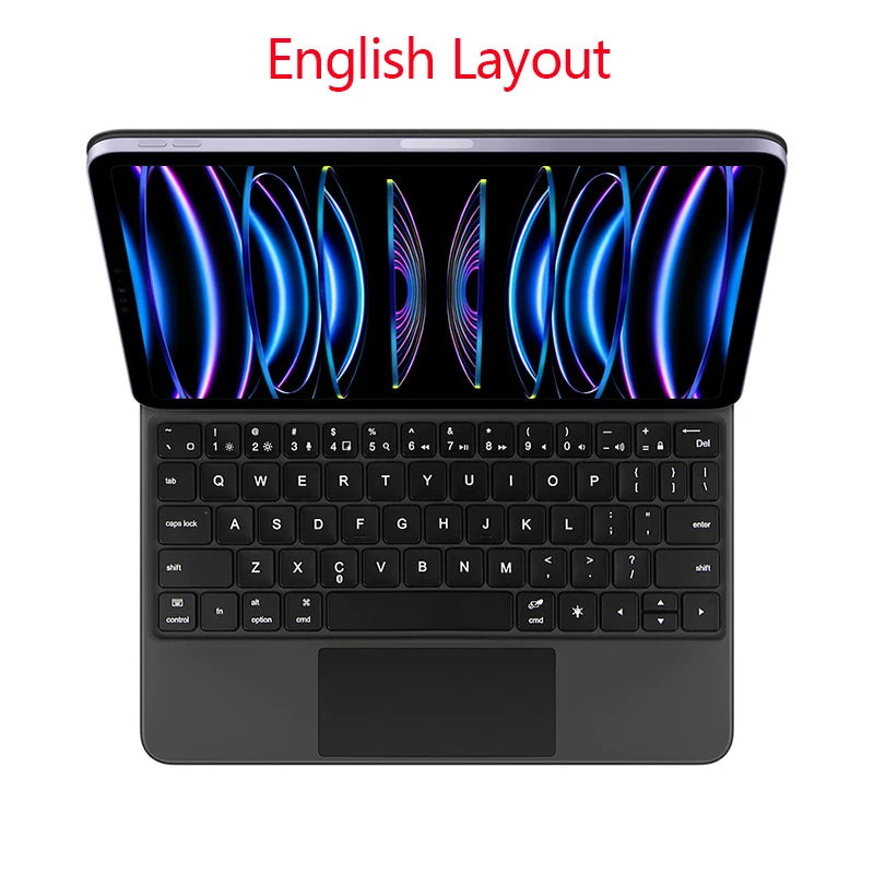 Backlit touchpad magic keyboard for iPad showing an English layout display
