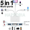 Adaptador multi-puerto blanco de 5 en 1 con puertos USB, HDMI y lector de tarjetas SD.