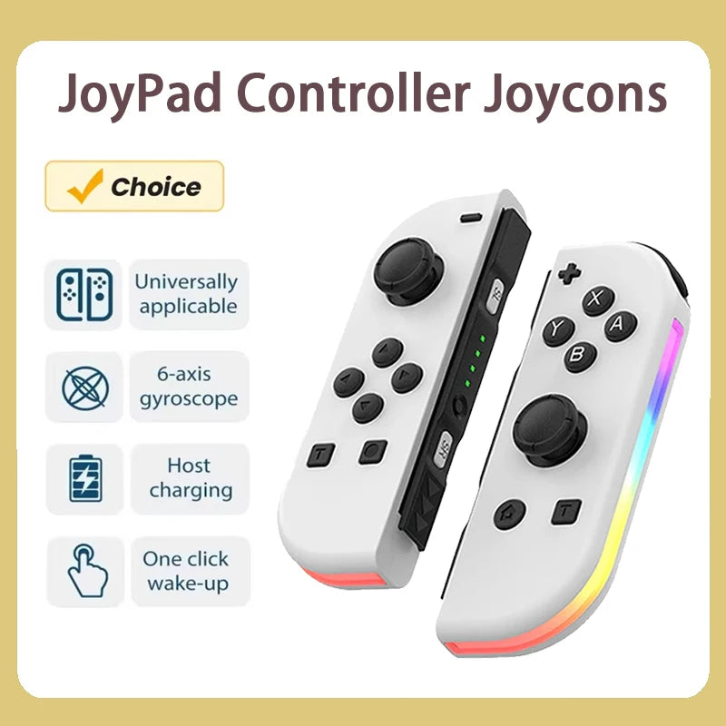 A pair of white Joy-Con style controllers with RGB lighting are shown next to a checkmark list of features.