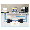 A setup showing routers, a laptop, and a desktop computer connected via an 8 pin RJ45 cable coupler adapter.