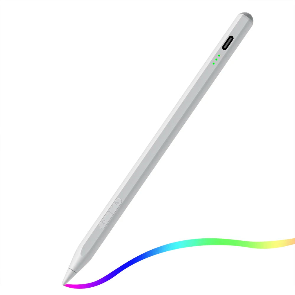A white precision stylus with a slim body and a multicolored light trail extending from its tip.