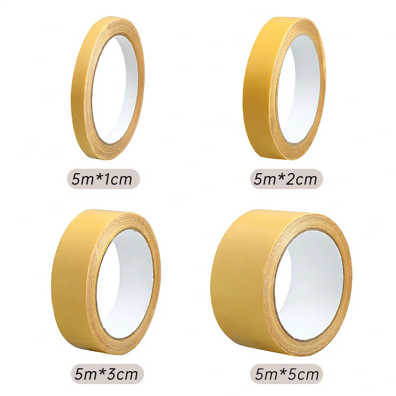 Rolls of heavy-duty double-sided cloth tape in yellow/gold color with various widths: 1cm, 2cm, 3cm, and 5cm.