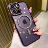 A hand holds a dark purple glitter diamond magnetic wireless phone case with multiple camera lenses and an Apple logo.