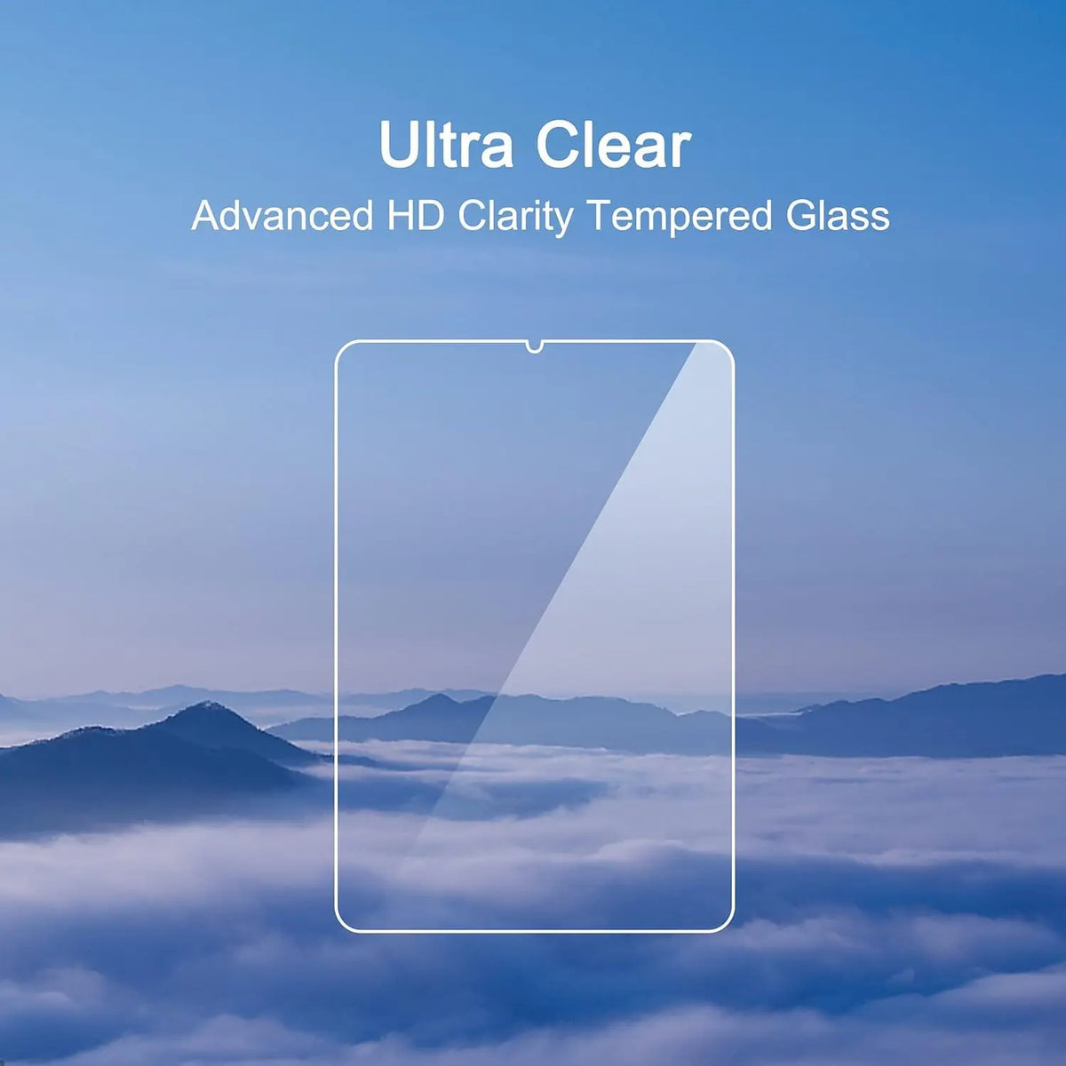Ultra Clear Advanced HD Clarity Tempered Glass screen protector shown over a misty mountain landscape.