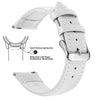 A white genuine leather watch band with quick release spring bars and a slide lever for strap adjustment.