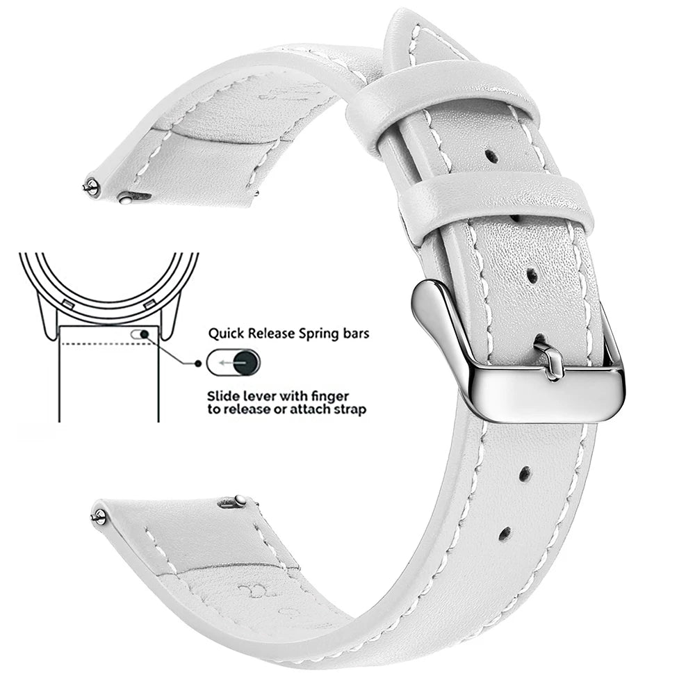 A white genuine leather watch band with quick release spring bars and a slide lever for strap adjustment.