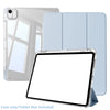 A clear protective case for an iPad, shown with multiple blue covers and the tablet itself.