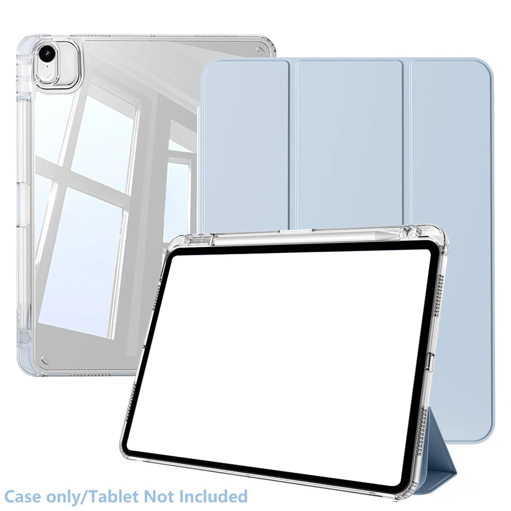 A clear protective case for an iPad, shown with multiple blue covers and the tablet itself.