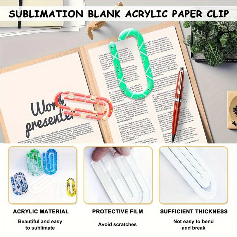 A set of colorful acrylic paper clips in various shades are shown alongside a document for sublimation crafting.