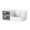 A white multifunctional desk organizer with two clear storage drawers.
