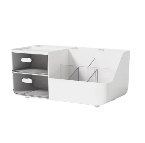 A white multifunctional desk organizer with two clear storage drawers.