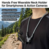 A person wearing a gray magnetic neck holder for smartphones and action cameras, set against a scenic outdoor background.