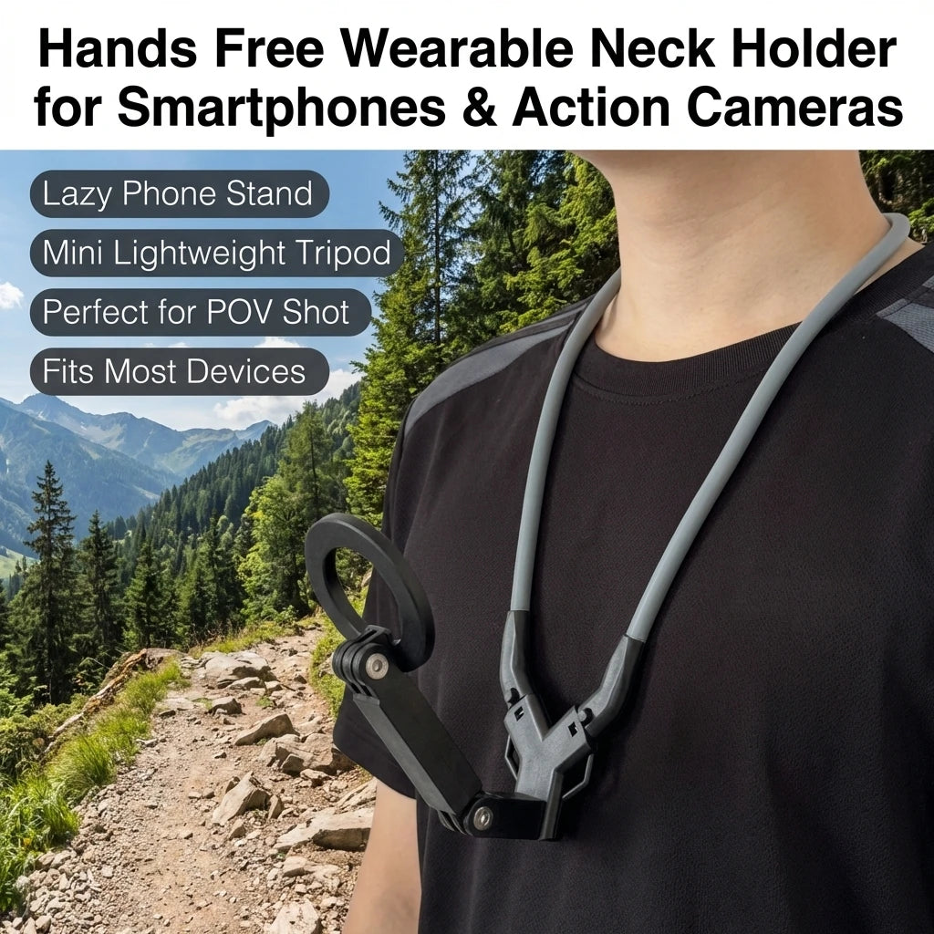 A person wearing a gray magnetic neck holder for smartphones and action cameras, set against a scenic outdoor background.