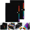 A black document organizer bag with a colorful, multi-story spine and various colored folders.