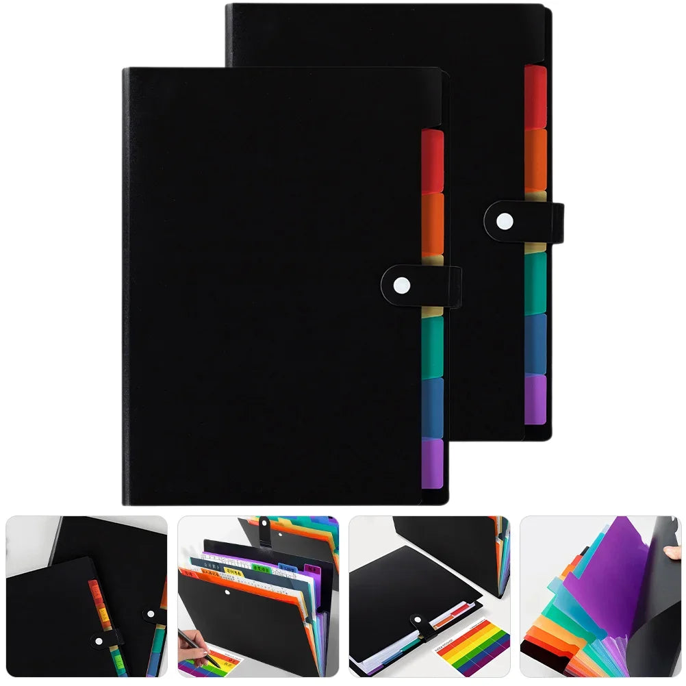 A black document organizer bag with a colorful, multi-story spine and various colored folders.