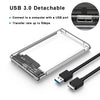 A clear plastic enclosure for an external SATA to USB 3.0 HDD, shown next to its attached USB cable.