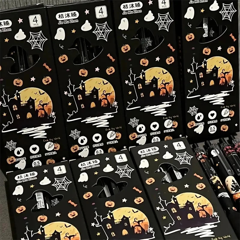 Set thematischer Gelstifte mit Halloween-Designs wie Kürbisse und Fledermäuse in schwarzer Verpackung.