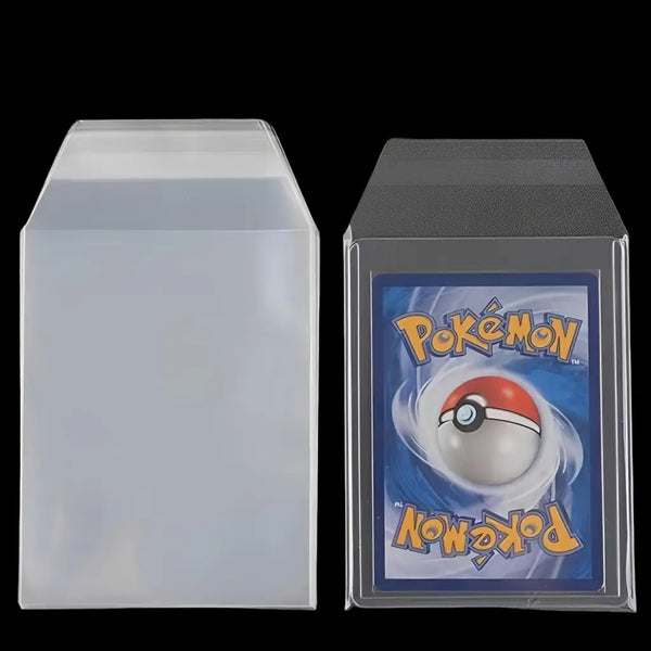 Clear magnetic card sleeves for photo protection showing a transparent plastic sleeve and a Pokemon card inside.