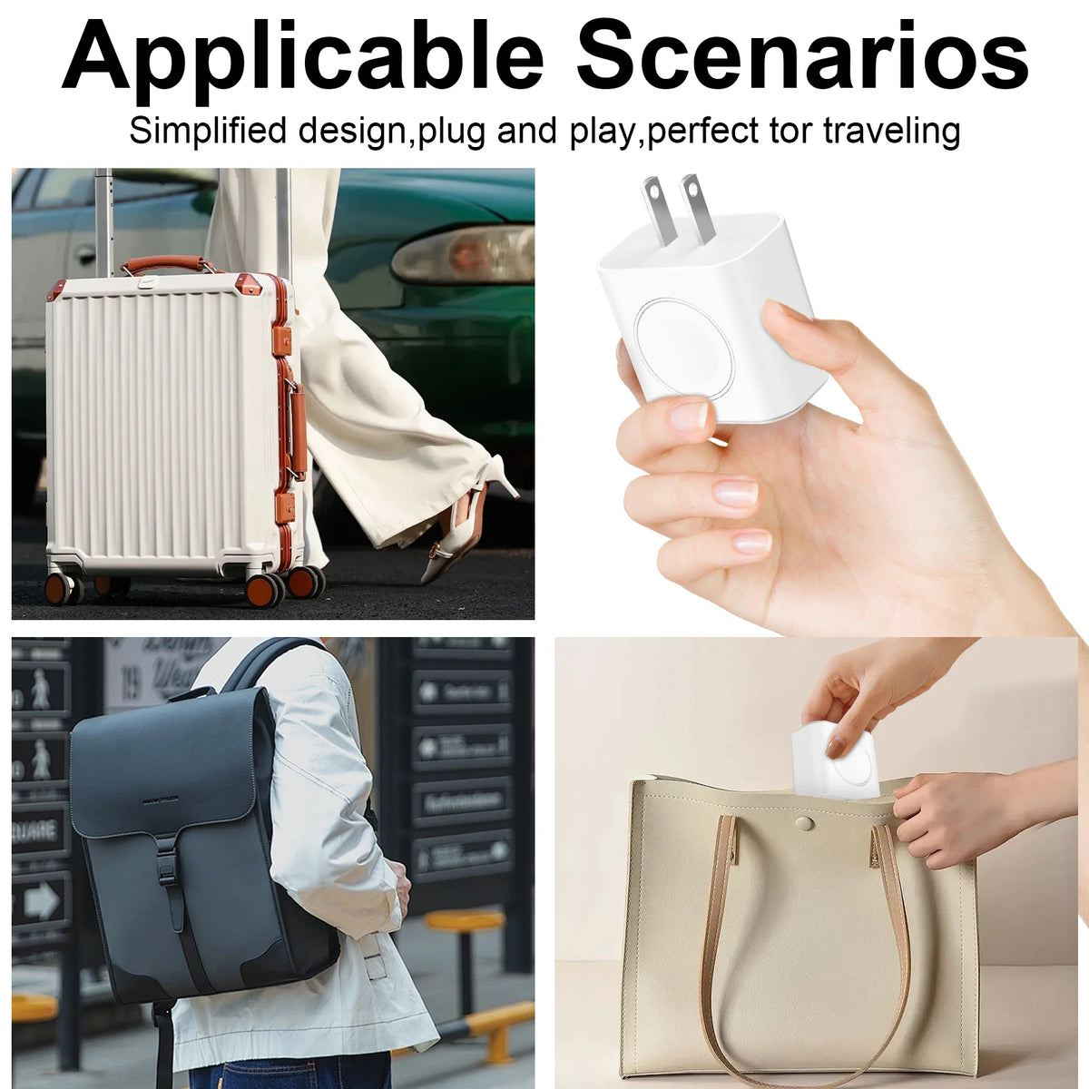 Une main tient un chargeur rapide multi-ports blanc à côté d'un sac en toile beige et d'un climatiseur portable.