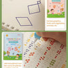 A practice book for preschools showing various graphics, math problems, and tracing exercises.