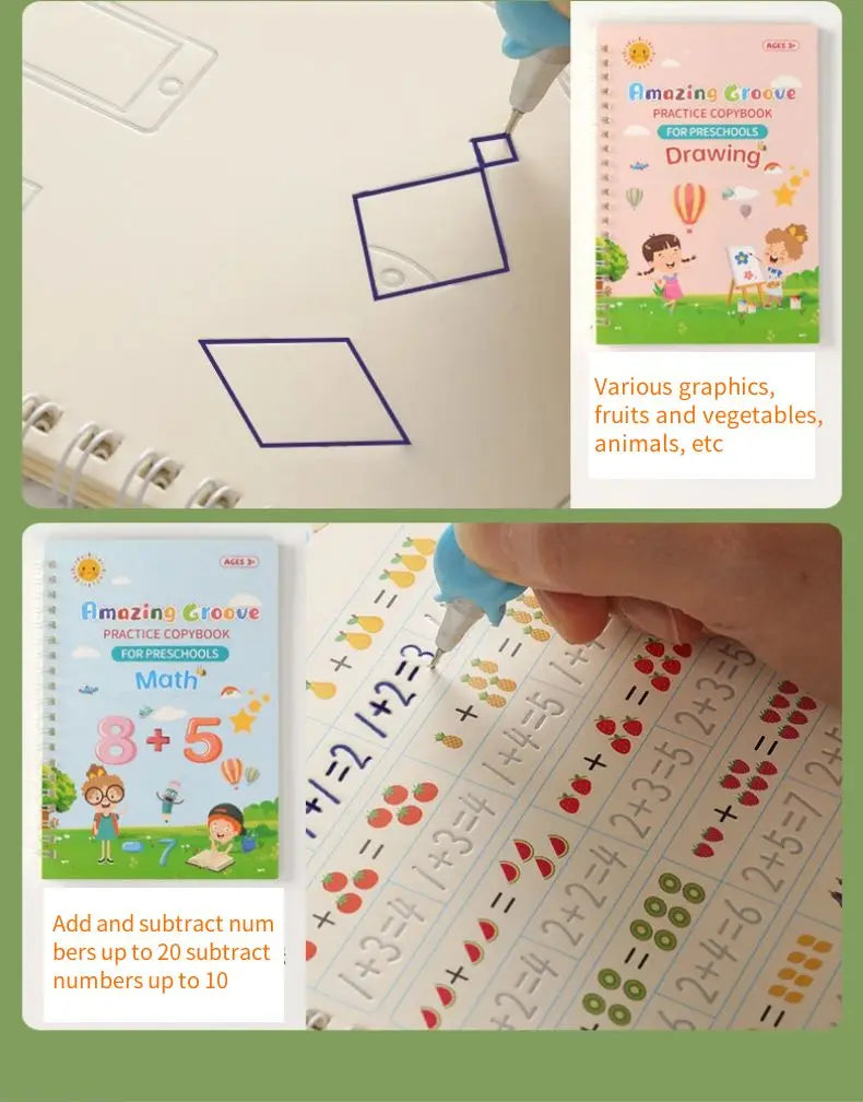 A practice book for preschools showing various graphics, math problems, and tracing exercises.