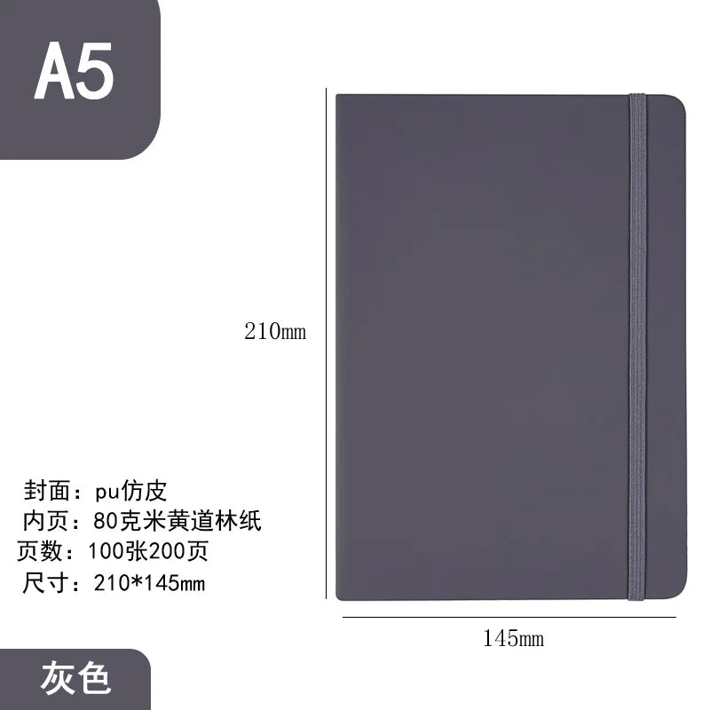A5 gray hardcover lined notebook with a textured cover and 100-200 pages.