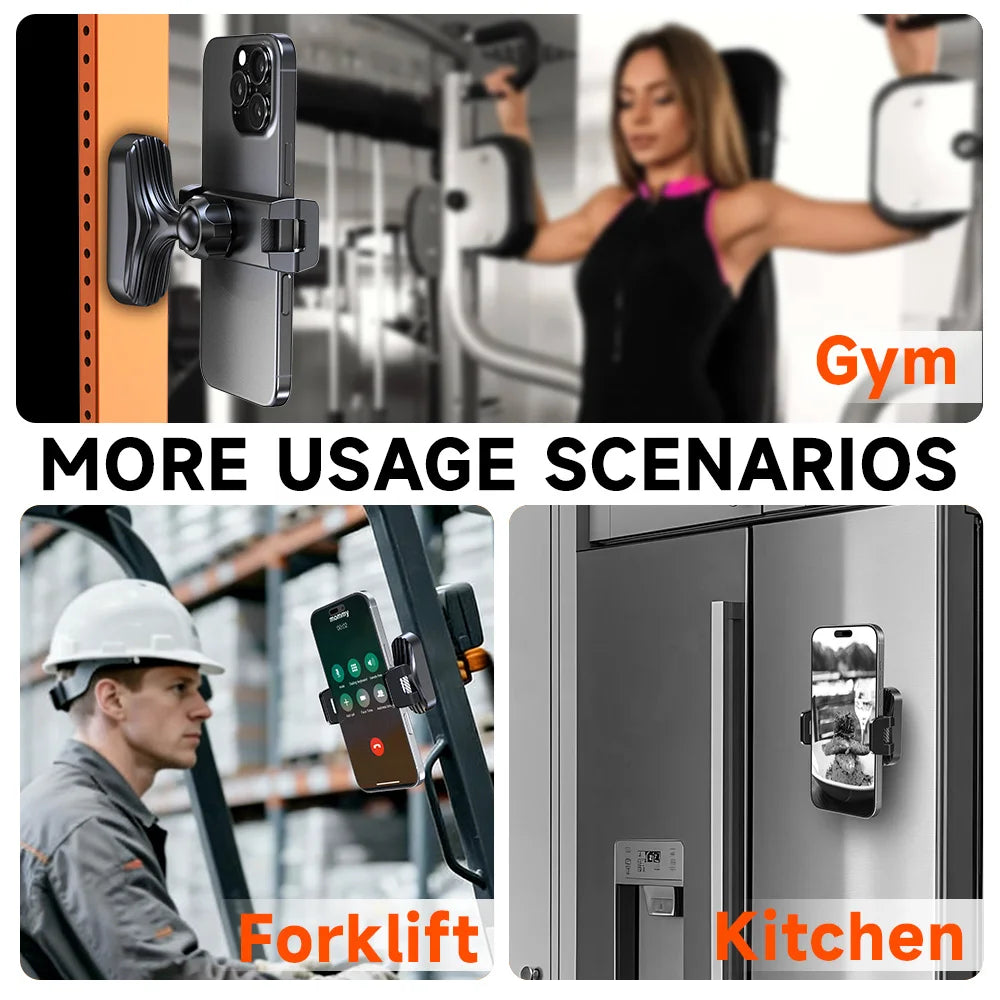 Demonstration of a magnetic phone holder used in gym and kitchen environments.