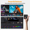 Pantalla de portátil mostrando software de edición de video con una mujer y herramientas de edición