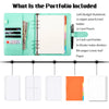 A teal A5 budget notebook portfolio including a zipper pouch, card pouches, and various paper accessories.