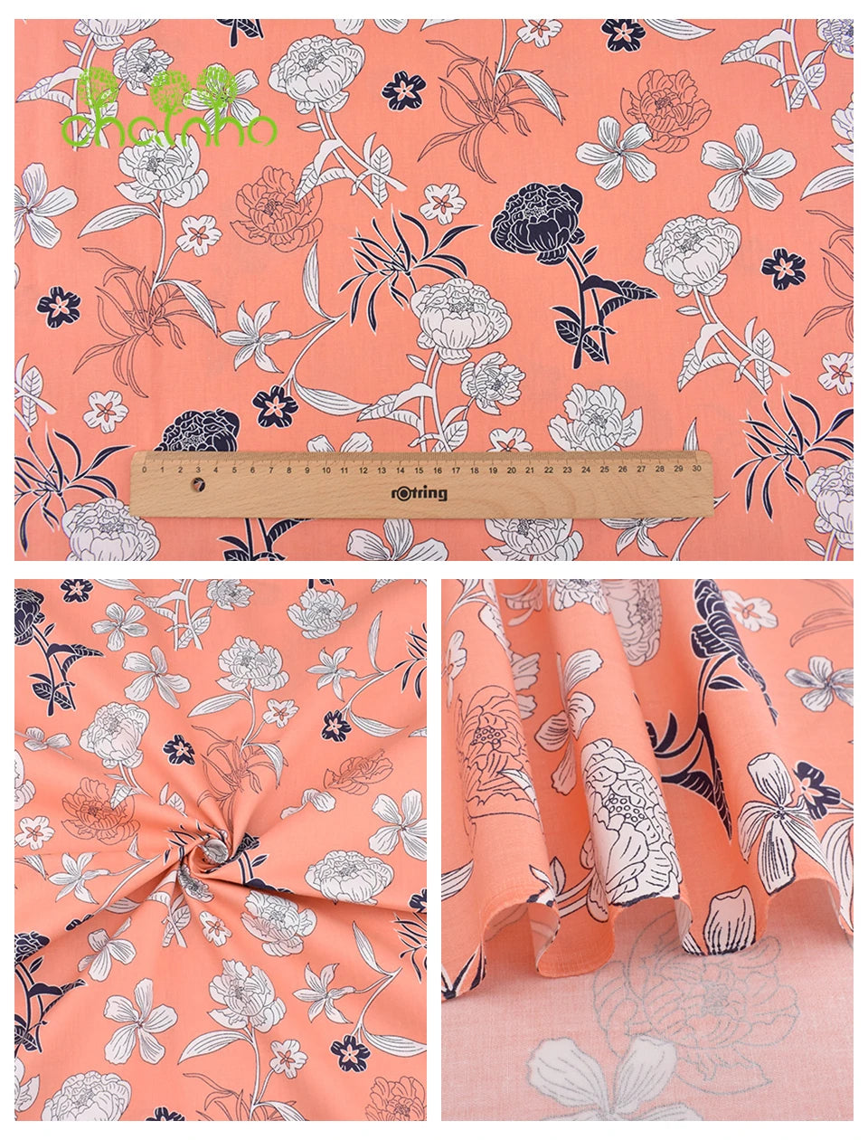 Nahaufnahme von orangefarbener Leinen-Baumwoll-Stoff mit floralen Mustern in weiß und dunkelblau.