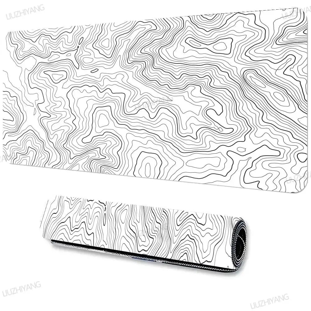 Black and white topographic map extended gaming mouse pad rolled up