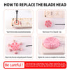 Instructions showing how to replace the blade head on a rotary paper cutting machine.