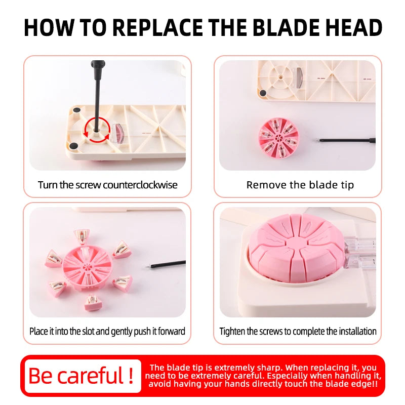 Instructions showing how to replace the blade head on a rotary paper cutting machine.