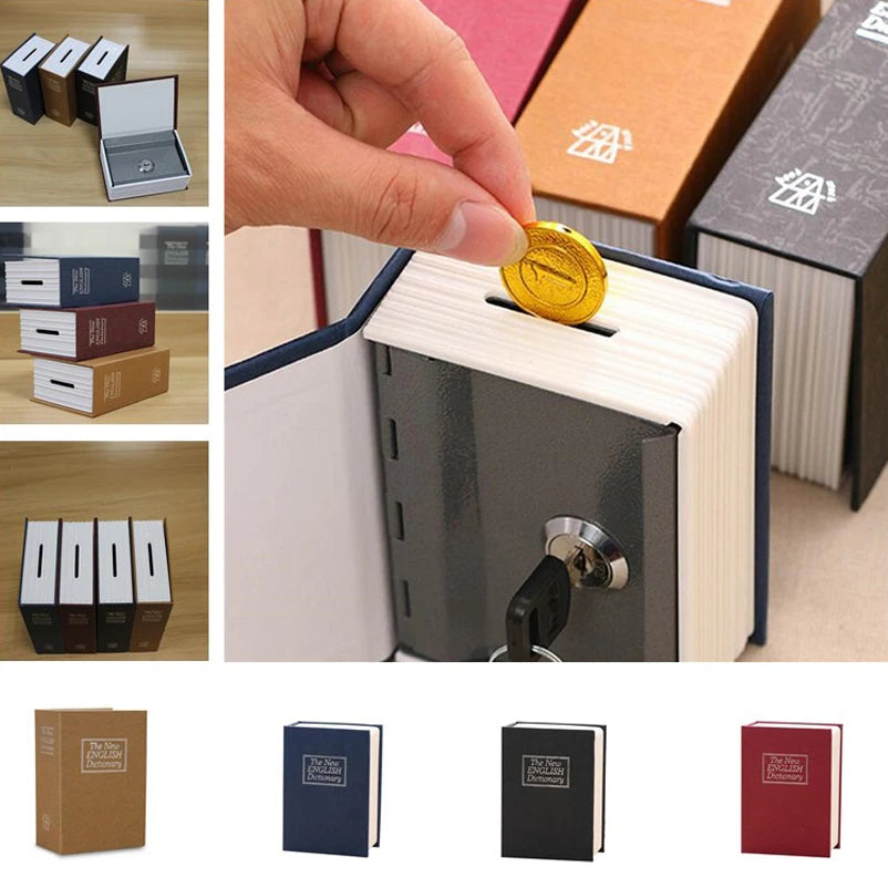 A classic book-shaped piggy bank with a lock and key, shown in various colors and angles.
