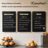 A set of three black magnetic planning boards with chalk writing surfaces for notes and memos, displaying baked desserts, coo