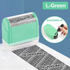 A green reusable confidential roller stamp is shown next to a black printout on a white surface.