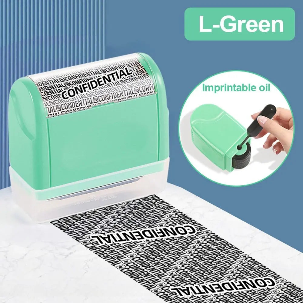 A green reusable confidential roller stamp is shown next to a black printout on a white surface.