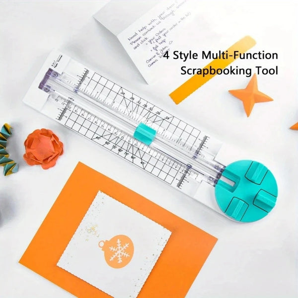 Primer plano de una herramienta de scrapbooking multifunción con máquina cortadora de papel rotatoria y elementos de manualid