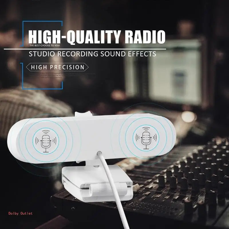 Webcam autofocus 4K HD blanche sur une interface audio sombre, enregistrant des effets sonores en studio.