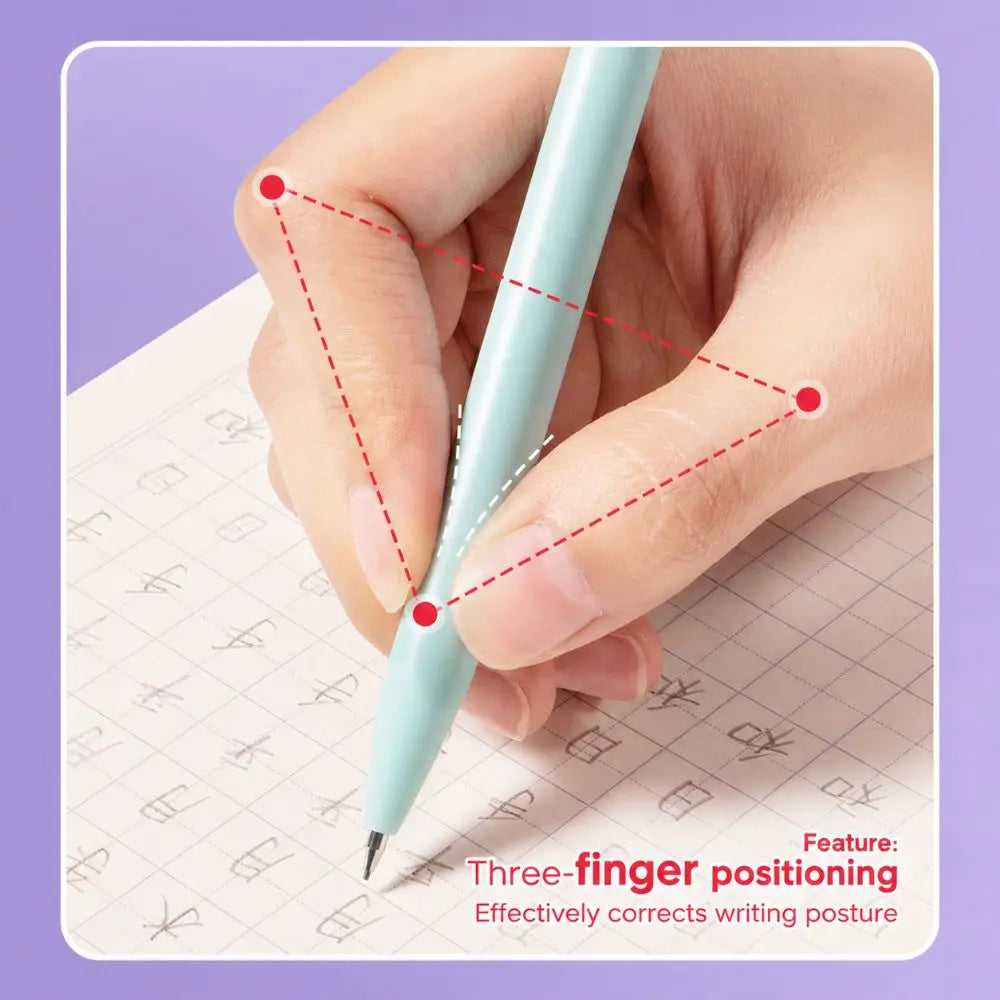 A hand holds a light blue mechanical pencil, demonstrating a three-finger writing posture on lined paper.