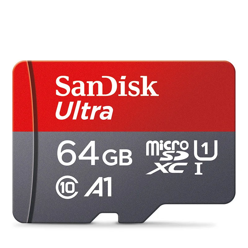 Rote SanDisk Ultra Speicherkarte mit silberner Aufschrift für 64 GB Kapazität und A1-Rating