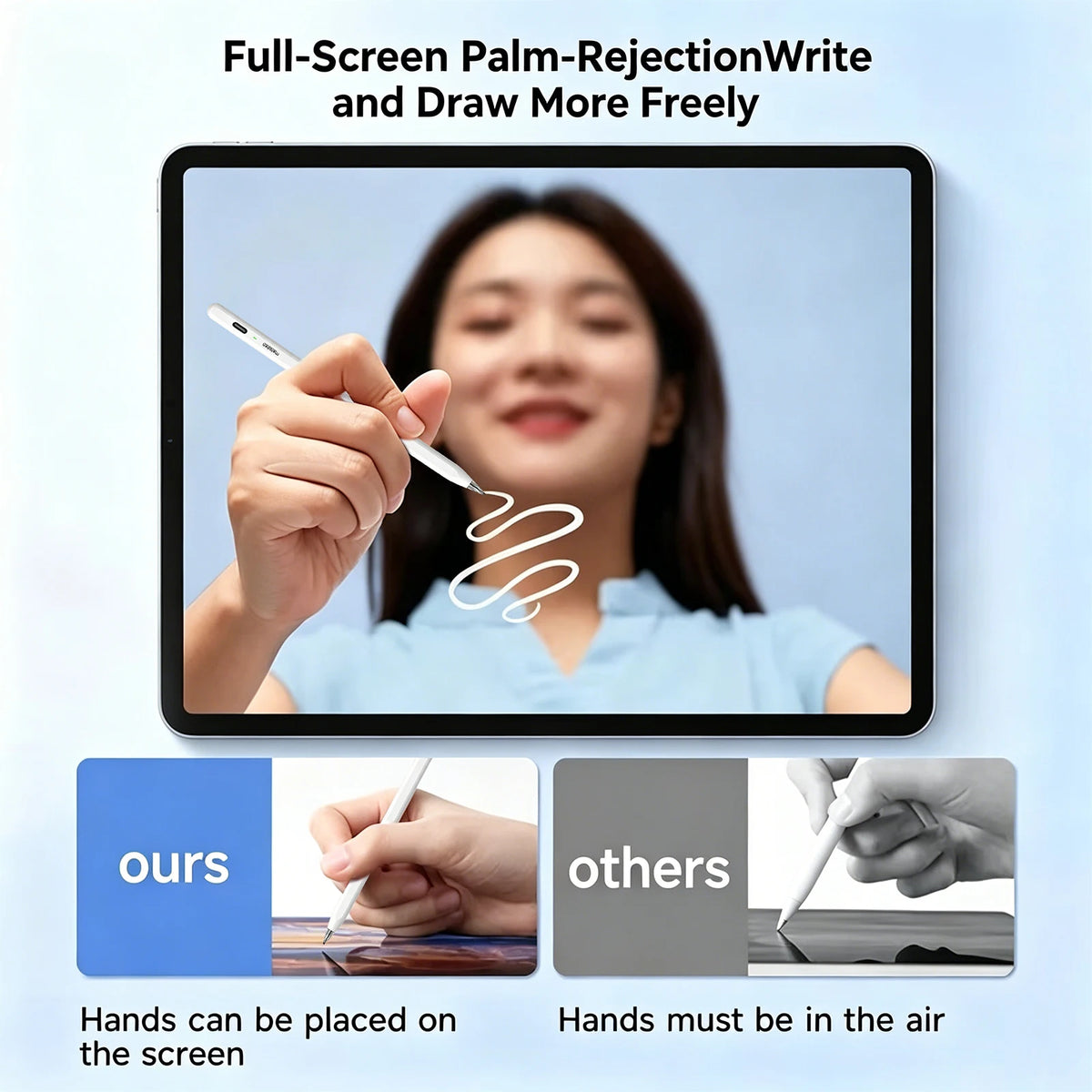 A woman is shown writing on an iPad screen with a stylus, demonstrating palm rejection and free drawing capabilities.