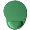 A green ergonomic mouse pad with a contoured shape and a raised wrist support area.