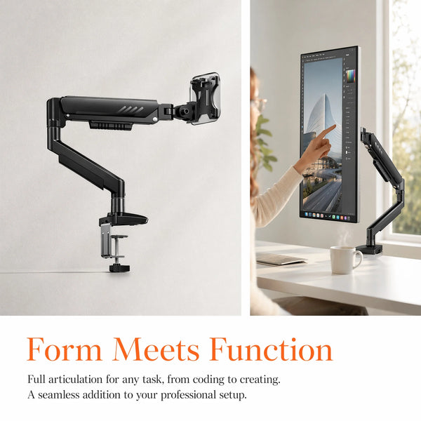 A black premium single monitor desk mount with a gas spring arm is shown against a white wall.