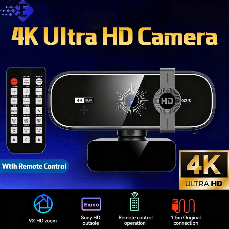 A black 4K Ultra HD camera or webcam with a privacy cover and microphone, featuring remote control options.